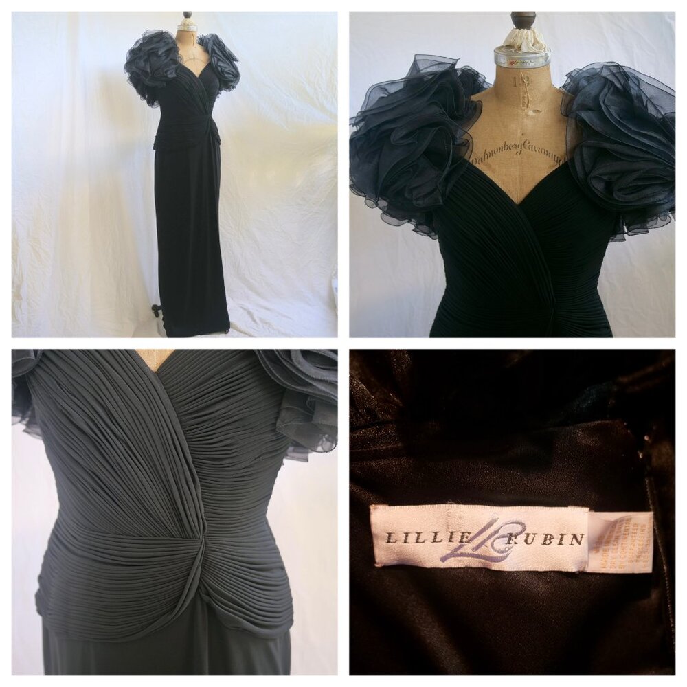 vtg 80s LILLIE RUBIN Black Ruffled Shoulder Ruched Evening Long Dress Mob Wife
